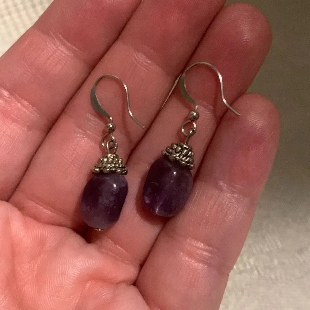 Vintage Silver Amethyst Hook Back‎ Drop Earrings